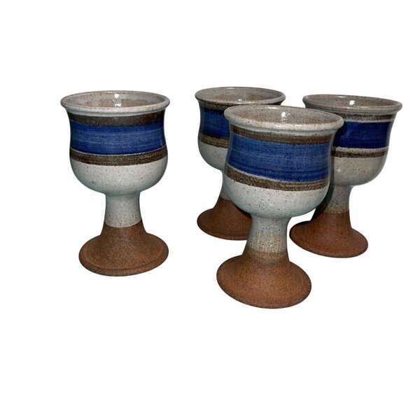 Vintage Goblets Set of 4 Studio Pottery Stoneware Signed Bohemian Artisan Made - Picture 4 of 10